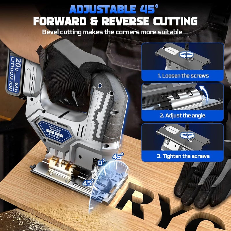 Cerycose Jigsaw Compatible With Dewalt 20v Battery, Cordless jig saw Brushless Motor, 0°- 45° Bevel Cuts, LED Light with 3 Position Orbital Setting (With 5Ah Battery & Charger Station Kit) - Image 2